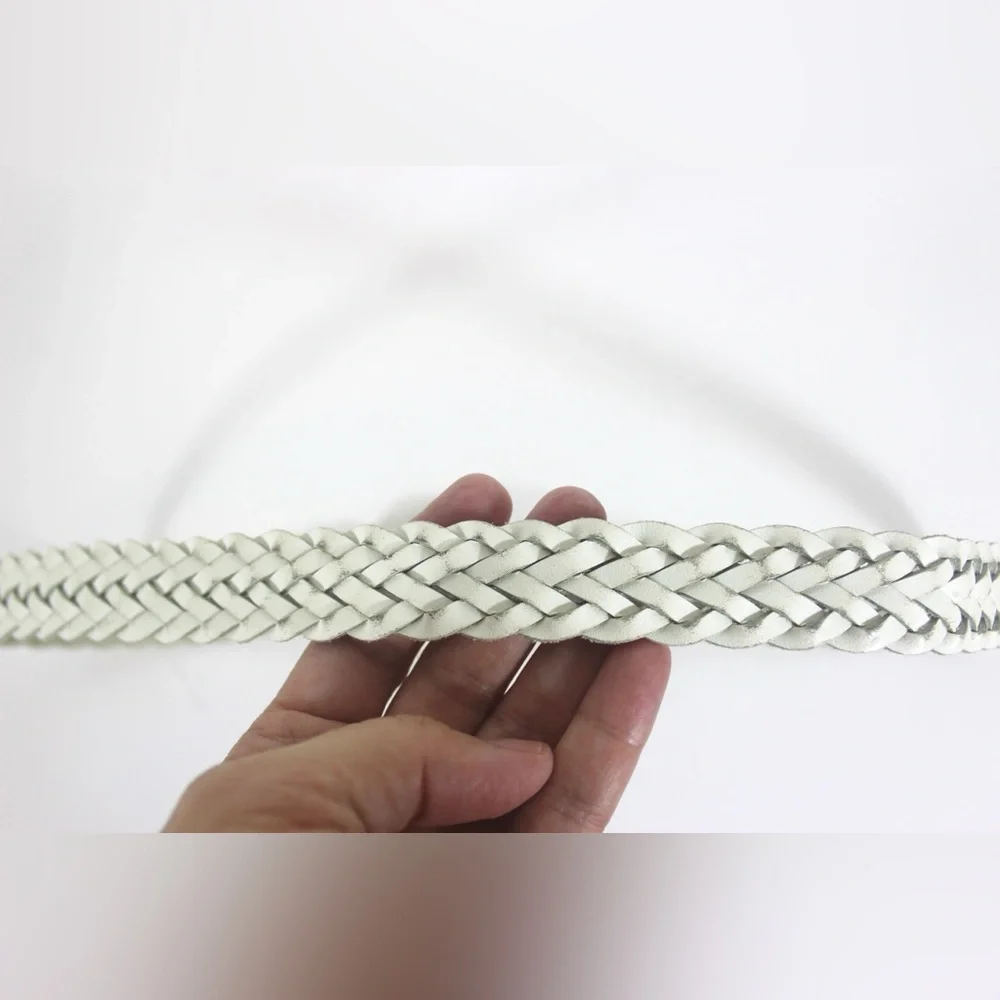 Skinny White Woven Braided Leather Belt, Narrow Self Covered Leather Buckle M L - Picture 6 of 7